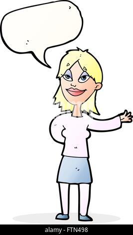 Cartoon-Frau Gestikulieren um etwas mit Sprechblase anzeigen Stock Vektor