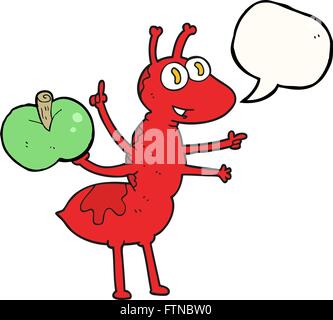 Freihändig gezeichnete Rede Blase Cartoon Ameise mit Apfel Stock Vektor