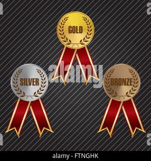 Gold, Silber & Bronze Medaillen mit Bändern Stock Vektor