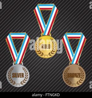 Gold, Silber & Bronze Medaillen mit Bändern Stock Vektor