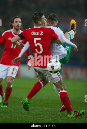 24. März 2016, match James Chester von Wales während internationale Freundschaftsspiele zwischen Wales und Nordirland in Cardiff Stockfoto