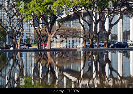 Reflexion der Bäume in den künstlichen See der Praça Do Buriti und Kfz-Verkehr Stockfoto