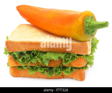 Brotscheiben mit Banane Pfeffer und grüner Salat im Inneren auf weißem Hintergrund Stockfoto