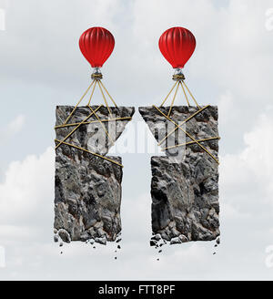 Team-Arbeit-Erfolg-Business-Konzept und vereinten Kräften Symbol als eine Gruppe von Luftballons gebunden an Schwere Felsen geformt wie ein nach oben Stockfoto