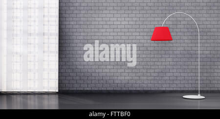 Detail der Zimmer mit dunklen Mauer, Fenster mit vertikal-Jalousien und rote Stehlampe. 3D-Rendering. Stockfoto
