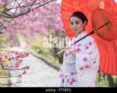 Junge (asiatische / Caucasian) Japanerin im Yukata mit Kirschblüten im Nakijin Schloss, Okinawa Stockfoto
