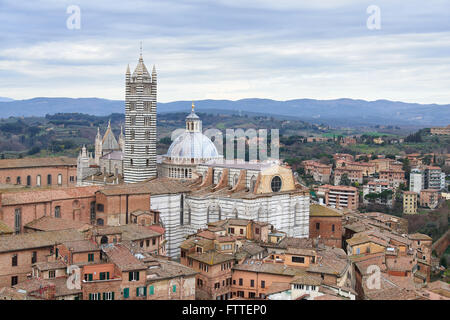 Dom von Siena (Duomo di Siena), eine mittelalterliche Kirche in Siena, Italien. Blick vom Campanile (Turm) del Mangia. Stockfoto