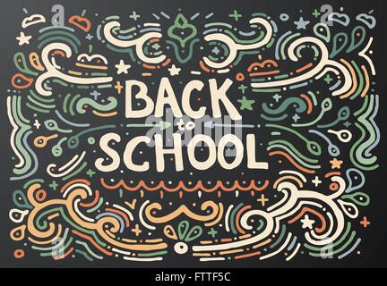 Zurück zu Schule Tafel Skizze. Vektor-Illustration. Hand gezeichnet Vintage print mit dekorativen Gliederung Text. Vintage-Hintergrund Stock Vektor