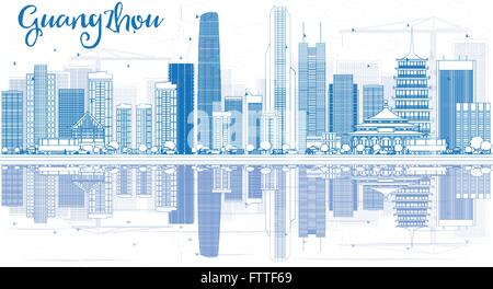 Umriss Guangzhou Skyline mit blauen Gebäuden und Reflexionen. Vektor-Illustration. Geschäftsreisen und Tourismus-Konzept Stock Vektor