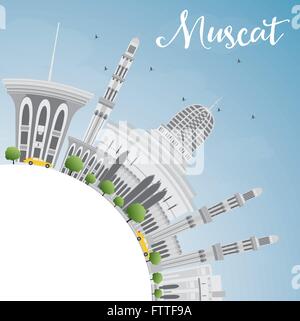 Muscat Skyline mit grauen Gebäuden und blauer Himmel. Vektor-Illustration. Geschäftsreisen und Tourismus-Konzept mit Textfreiraum. Stock Vektor