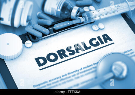 Dorsalgia Diagnose. Medizinisches Konzept. Zusammensetzung der Medikamente Stockfoto