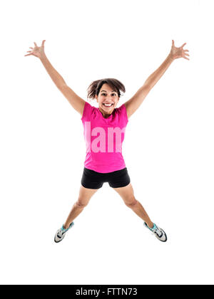 Fotografie des jungen Mischlinge weiblich in hellen Training Verschleiß springen vor Freude. Stockfoto