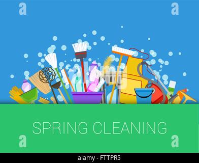 Frühjahrsputz-Hintergrund. Satz von Reinigungsmittel. Instrumente der Hausputz. Vektor Stock Vektor