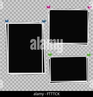 Fotoalbum von Bilderrahmen mit weißem Rand auf transparenten Hintergrund einstellen Zusammensetzung von fotografischen Bildern mit Farbe pins Stock Vektor