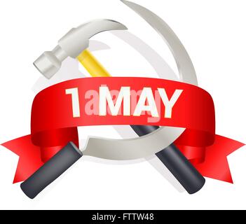 1. Mai-Tag Gruß Illustration mit Hammer und Sichel und ein Bogen mit Text. Labor Day-Gruß, internationaler Tag der Arbeit Stock Vektor