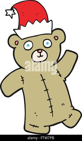 Freihändig gezeichnete Cartoon-Teddybär trägt Weihnachtsmütze Stock Vektor