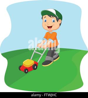 Junger Mann Schneiden von Gras mit einem push Rasenmäher Stock Vektor