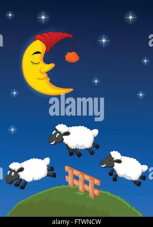 Drei Schafe springen über den Zaun. Stock Vektor