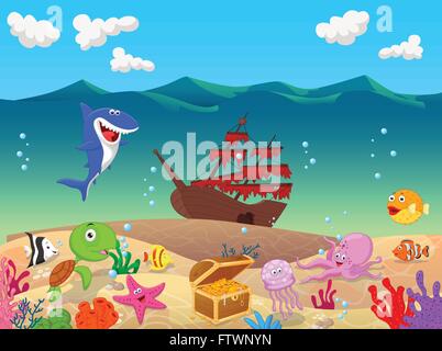 Unterwasser Hintergrund mit alten Schiff Stock Vektor