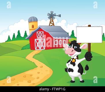 Cartoon Kuh Holding leer Zeichen mit Bauernhof Hintergrund Stock Vektor