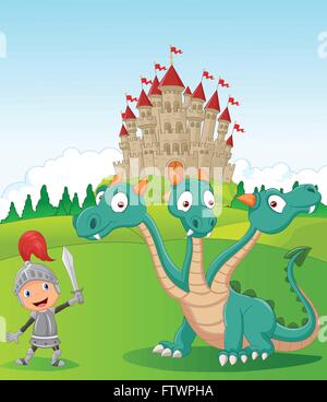 Cartoon Ritter mit dreiköpfige Drache Stock Vektor