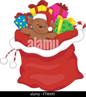 Santas Geschenk Tasche voller Spielzeug und Geschenke in weiß Stock Vektor