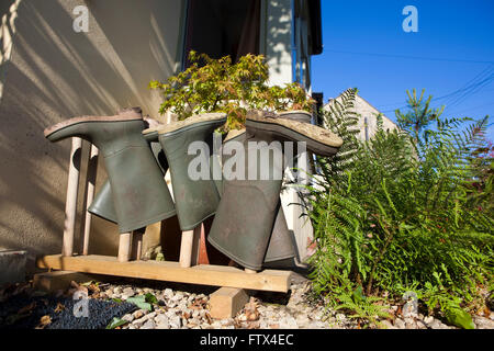 Vier Paare von Wellington oder Kaugummi Stiefel gespeichert auf einem Boot Gestell vor einer Haustür, sie trocken und sauber zu halten. Stockfoto