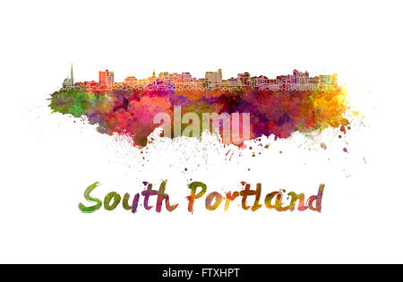 South Portland Skyline in Aquarell Spritzer mit Beschneidungspfad Stockfoto