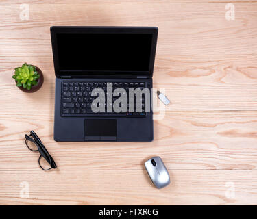 Draufsicht auf einen sauberen Schreibtisch bestehend aus Laptop, Babypflanze, Maus, USB-Stick und Lesebrille. Stockfoto