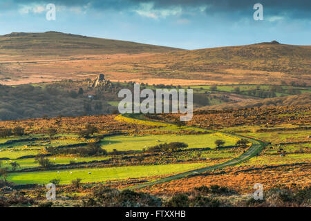 Lange Straße in den Hügeln am Dartmoor Park, Devon, UK im natürlichen Sonnenlicht Stockfoto