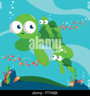 Niedliche Meeresschildkröten, die fröhlich unter Wasser schwimmen. Meeresschildkröten schwimmen unter dem Meeresboden. Vektorabbildung Stock Vektor