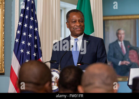 Washington DC, USA. 30. März 2016. Secretary Of State John Kerry und nigerianischen Außenministers Geoffrey Onyeama halten U.S.-Nigeria binationale Kommission Briefing im Vertrag Zimmer des US-Außenministeriums. Bildnachweis: B Christopher/Alamy Live-Nachrichten Stockfoto