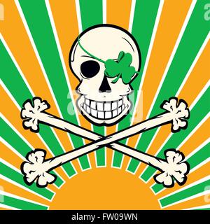Jolly Roger ein la-Irisches Kleeblatt Augenklappe mit Sonnenuntergang / Sonnenaufgang in grün weiß und Orange mit Totenkopf. Stock Vektor