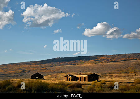 WY01415-00... WYOMING - das alte Osborn Blockhaus Gehöft befindet sich entlang der grüne Fluss am Rande der Wind River Range. Stockfoto