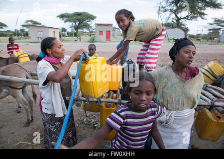 Hurufa Lole, in der Nähe von Lake Langano, Oromia in Äthiopien, Oktober 2013: Menschen versammeln, um Wasser von einer Wasserstelle zu sammeln. Stockfoto