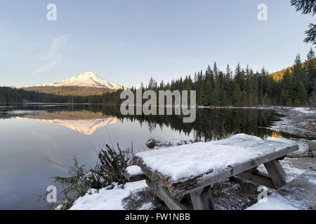 Mount Hood Reflexion über Trillium Lake in Oregon im winter Stockfoto