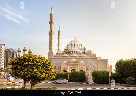 Fassade der schöne Moschee in Sharjah, Vereinigte Arabische Emirate Stockfoto