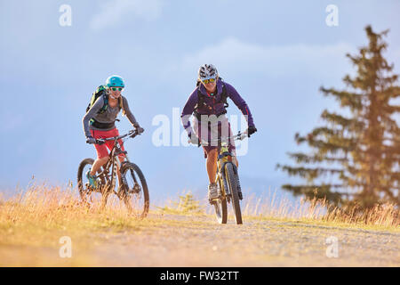 Zwei Mountainbiker mit Helmen fahren auf Schotterstraßen, Mutterer Alm in der Nähe von Innsbruck, Patscherkofel, Tirol, Österreich Stockfoto