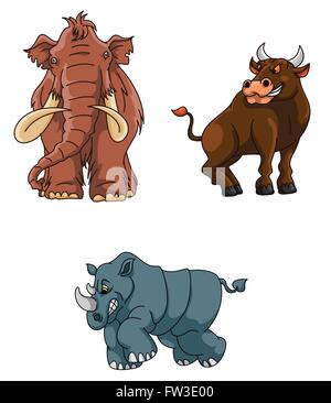 Böse Tiere Gruppe: Mammut, Nashorn und Stier Stock Vektor