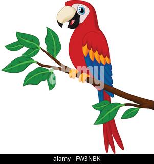 Cartoon rote Papagei auf einem Ast Stock Vektor