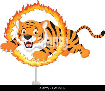 Cartoon Tiger springt durch den Ring des Feuers Stock Vektor