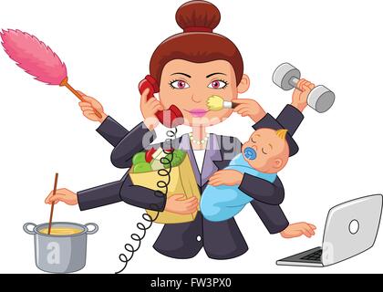 Cartoon-Multitasking-Hausfrau Stock Vektor