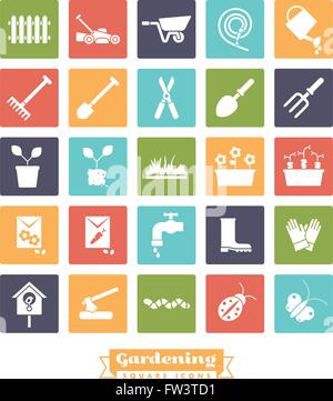 Gartenarbeit Glyphe Symbole, farbige Quadrate negativ Stock Vektor