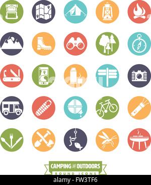Camping, Wandern und Outdoor-Verfolgung Glyphe Symbolsammlung, negative in farbige Kreise Stock Vektor