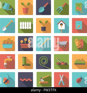 Flaches Design lange Schatten im Garten Symbole in abgerundeten Quadraten Stock Vektor