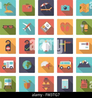 Flaches Design-Reisen und Urlaub Vektor Symbolsammlung in abgerundeten Quadraten Stock Vektor