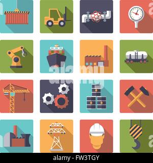 Flaches Design Industrie thematische Vektor-Icons in abgerundeten Quadraten Stock Vektor
