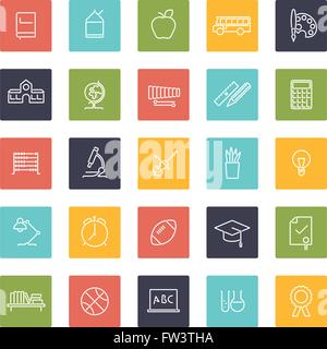 Bildung, Schule, Hochschule und Universität im Zusammenhang mit Linie Symbole, farbige Quadrate negativ Stock Vektor