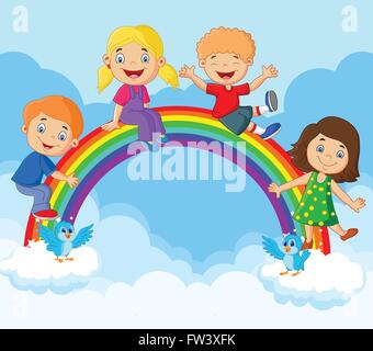 Happy Kids Cartoon sitzen auf Regenbogen Stock Vektor