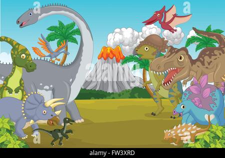 Comicfigur Dinosaurier mit Vulkan Stock Vektor